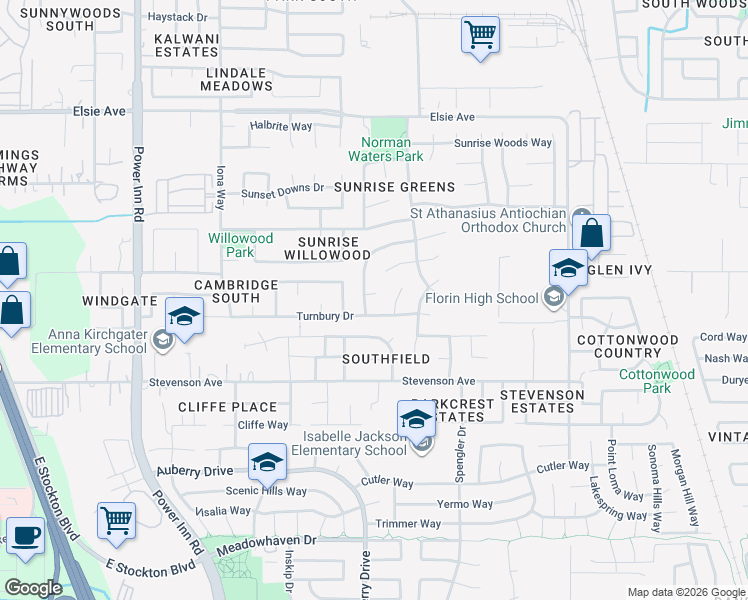 map of restaurants, bars, coffee shops, grocery stores, and more near 8311 Turnbury Drive in Sacramento