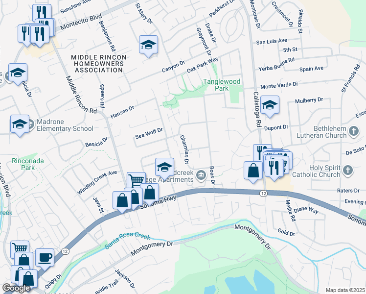 map of restaurants, bars, coffee shops, grocery stores, and more near 5042 Charmian Drive in Santa Rosa