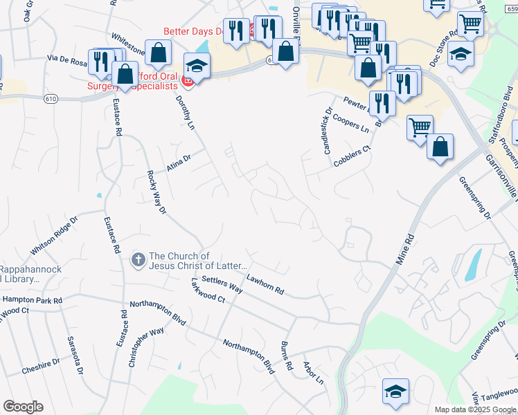 map of restaurants, bars, coffee shops, grocery stores, and more near 205 Merrill Court in Stafford