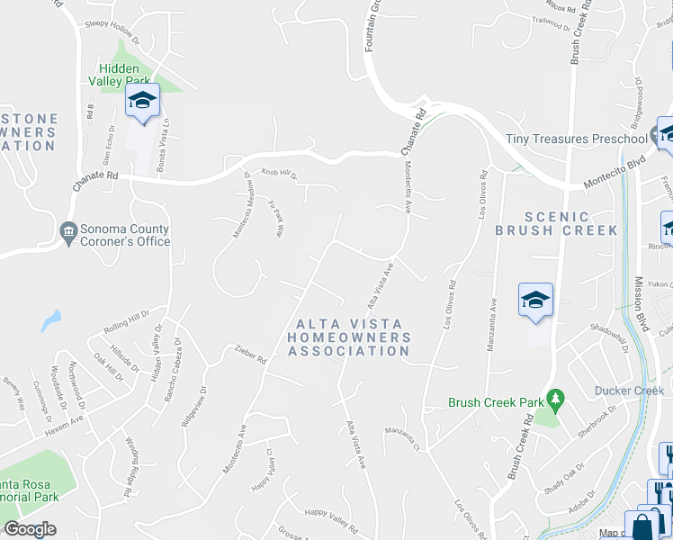 map of restaurants, bars, coffee shops, grocery stores, and more near 4360 Montecito Avenue in Santa Rosa