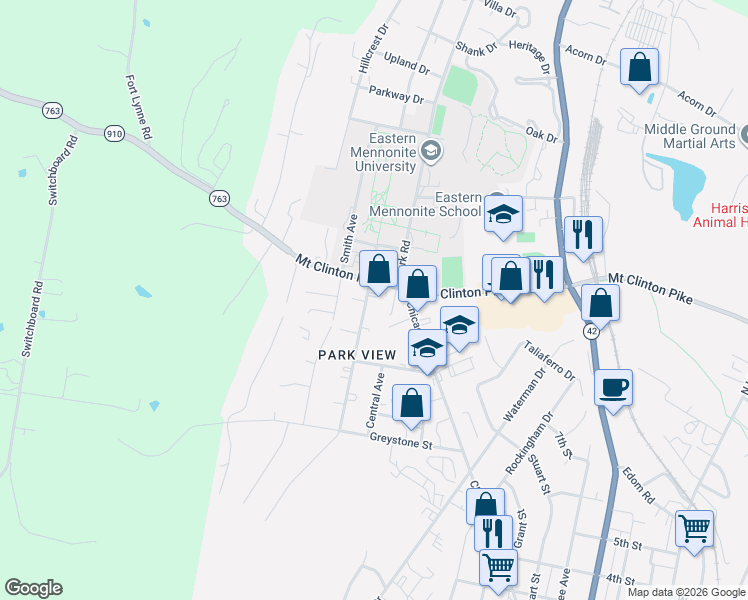 map of restaurants, bars, coffee shops, grocery stores, and more near 1033 College Avenue in Harrisonburg