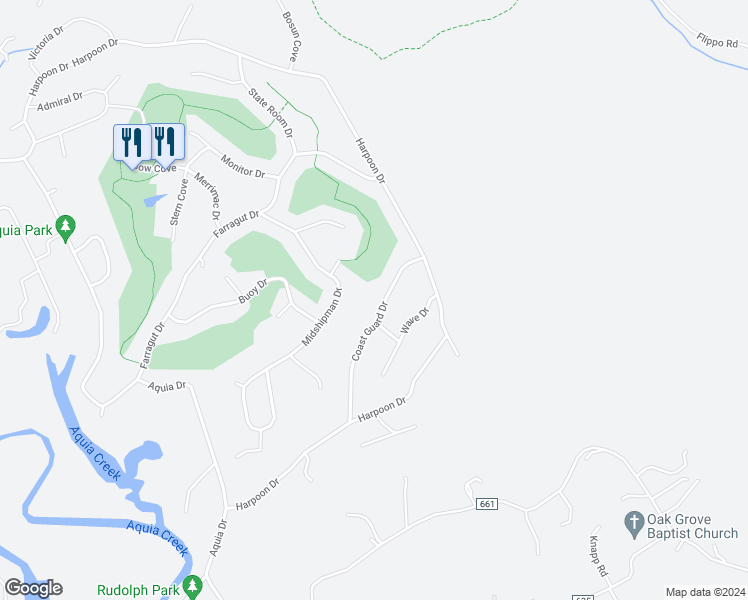 map of restaurants, bars, coffee shops, grocery stores, and more near 2038 Coast Guard Drive in Stafford