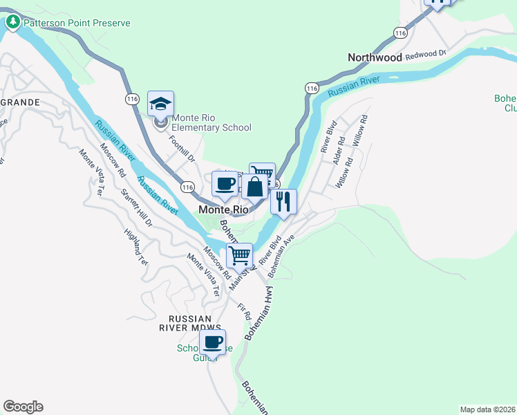 map of restaurants, bars, coffee shops, grocery stores, and more near 20340 California 116 in Monte Rio