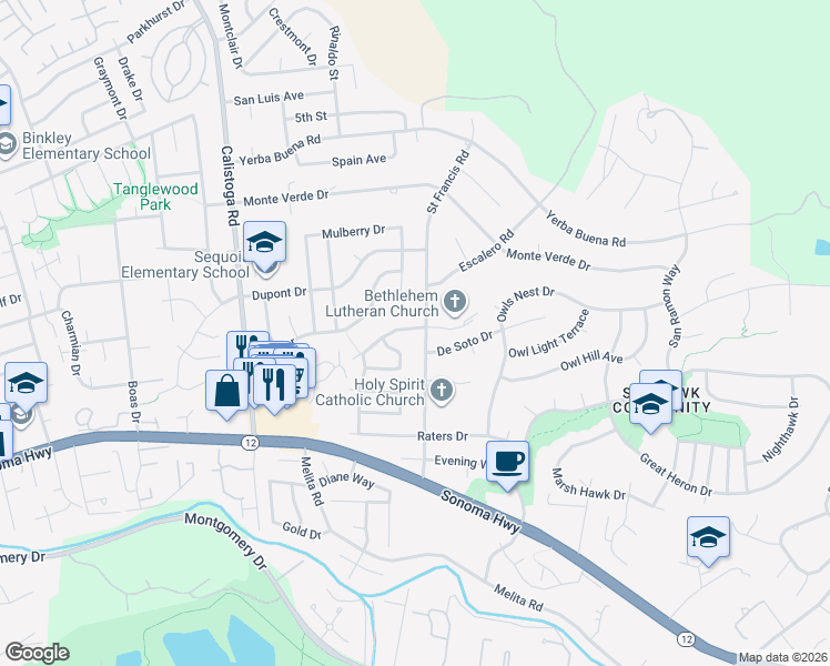 map of restaurants, bars, coffee shops, grocery stores, and more near 5536 El Encanto Circle in Santa Rosa