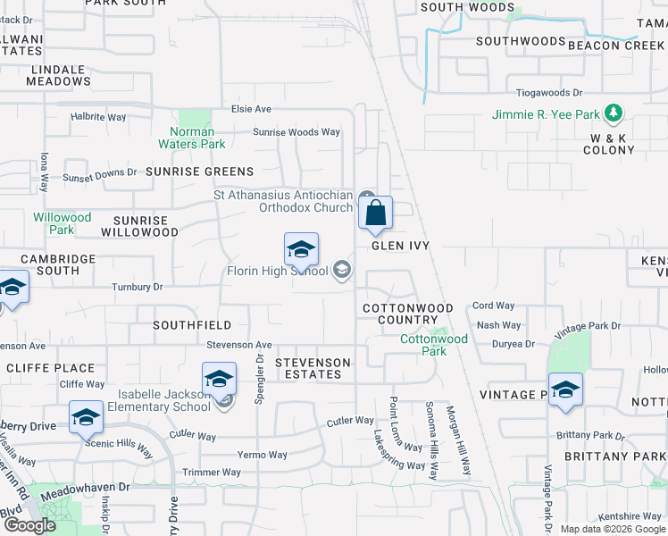 map of restaurants, bars, coffee shops, grocery stores, and more near 8000 Cottonwood Lane in Sacramento