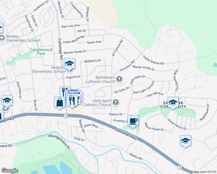 map of restaurants, bars, coffee shops, grocery stores, and more near 5536 El Encanto Circle in Santa Rosa