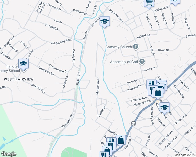map of restaurants, bars, coffee shops, grocery stores, and more near 3334 Morgan Avenue in Ashland