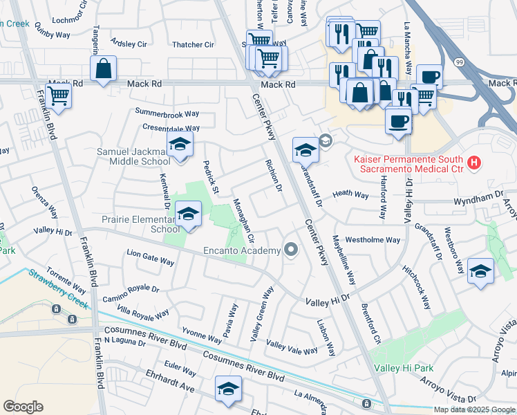 map of restaurants, bars, coffee shops, grocery stores, and more near 33 Paramount Circle in Sacramento