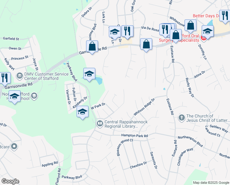 map of restaurants, bars, coffee shops, grocery stores, and more near 302 Park Brook Court in Stafford