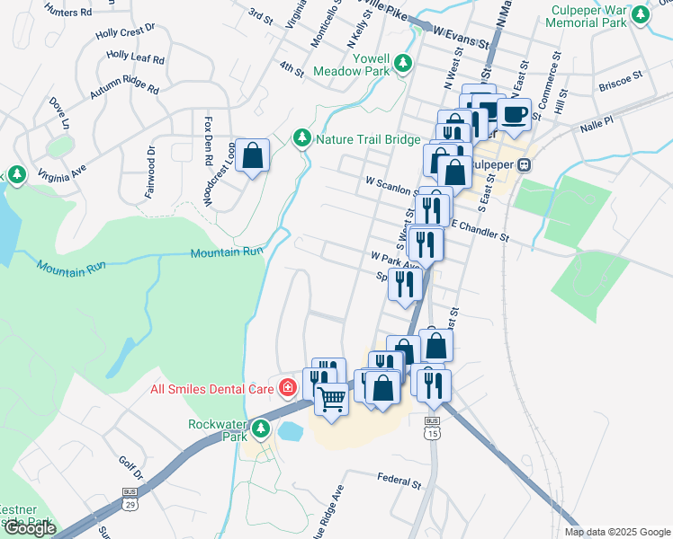 map of restaurants, bars, coffee shops, grocery stores, and more near 316 Spring Street in Culpeper