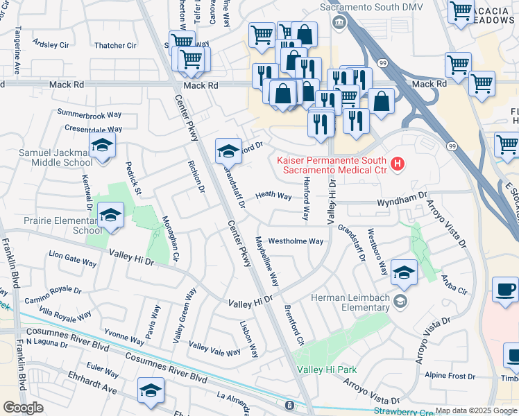 map of restaurants, bars, coffee shops, grocery stores, and more near 6116 Heath Way in Sacramento