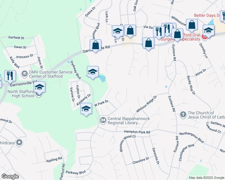 map of restaurants, bars, coffee shops, grocery stores, and more near 514 Waters Cove Court in Stafford