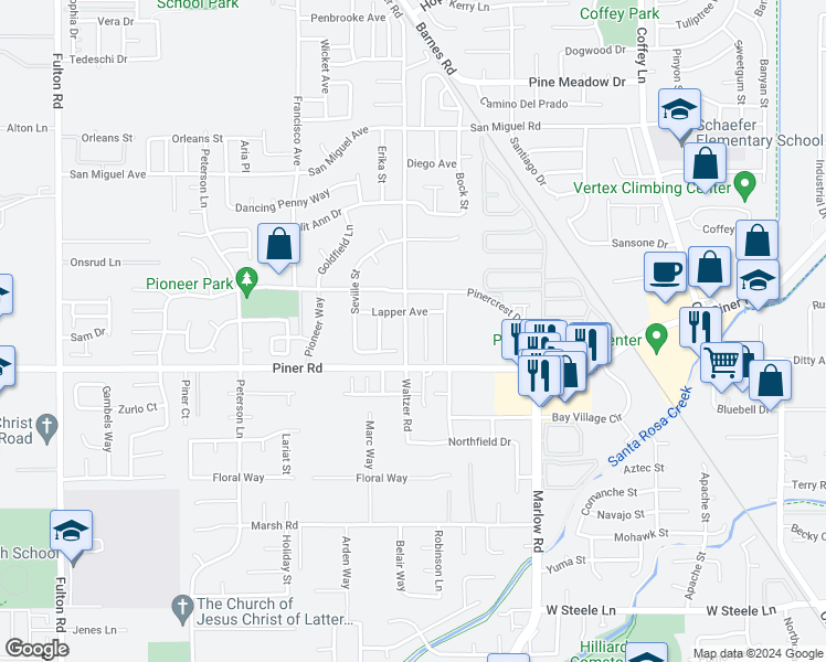 map of restaurants, bars, coffee shops, grocery stores, and more near 1918 Waltzer Road in Santa Rosa