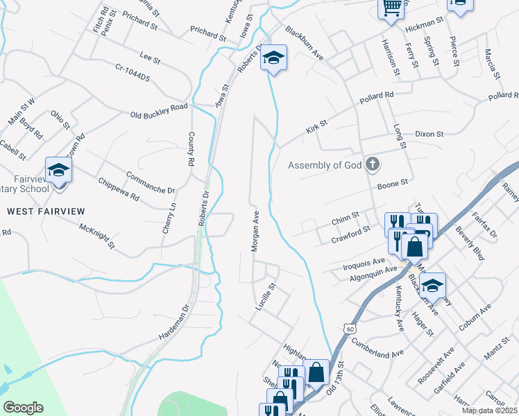 map of restaurants, bars, coffee shops, grocery stores, and more near 3302 Morgan Avenue in Ashland