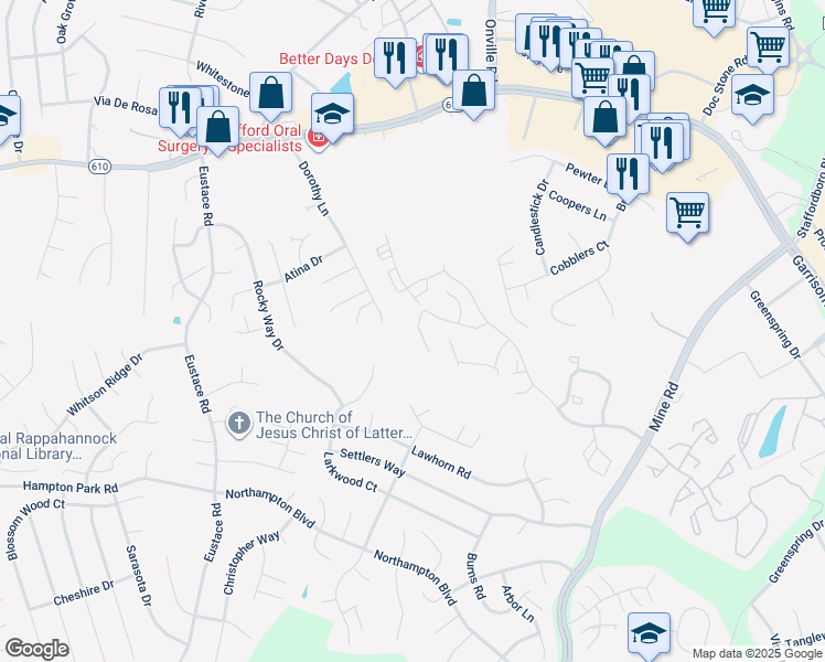 map of restaurants, bars, coffee shops, grocery stores, and more near 200 Merrill Court in Stafford