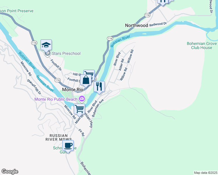 map of restaurants, bars, coffee shops, grocery stores, and more near 20540 River Boulevard in Monte Rio