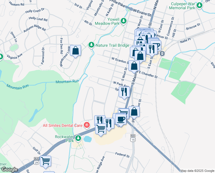 map of restaurants, bars, coffee shops, grocery stores, and more near 316 Spring Street in Culpeper