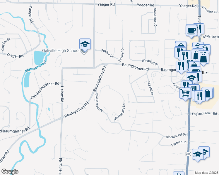map of restaurants, bars, coffee shops, grocery stores, and more near 2881 Innsbruck Drive in St. Louis