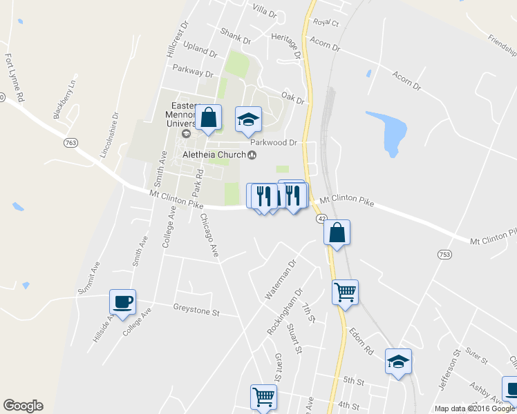 map of restaurants, bars, coffee shops, grocery stores, and more near 831 Mt Clinton Pike in Harrisonburg