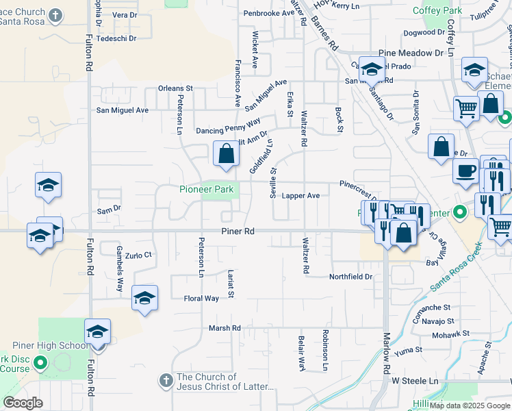 map of restaurants, bars, coffee shops, grocery stores, and more near 2022 Pioneer Way in Santa Rosa