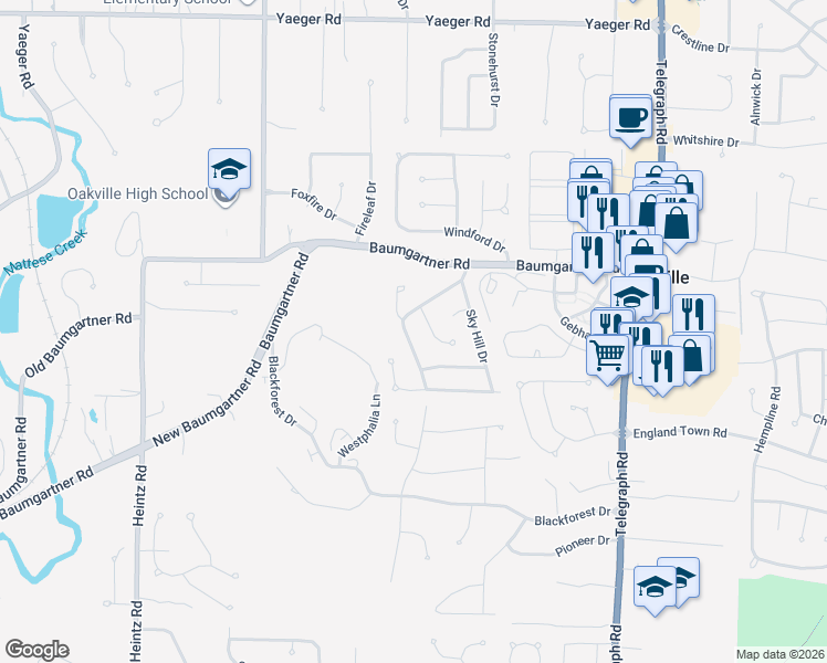 map of restaurants, bars, coffee shops, grocery stores, and more near 2740 Chalet Forest Drive in St. Louis