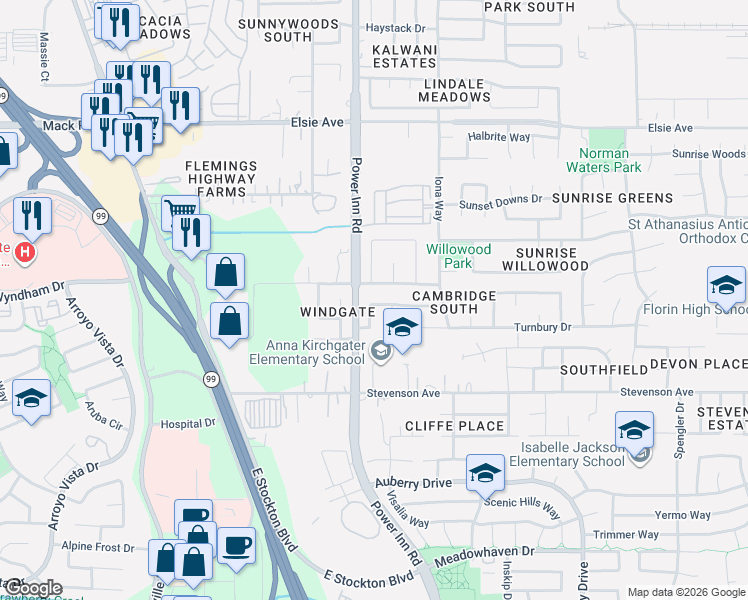 map of restaurants, bars, coffee shops, grocery stores, and more near 7801 Roesboro Circle in Sacramento