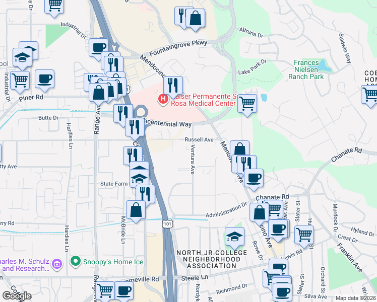 map of restaurants, bars, coffee shops, grocery stores, and more near 450 Russell Avenue in Santa Rosa