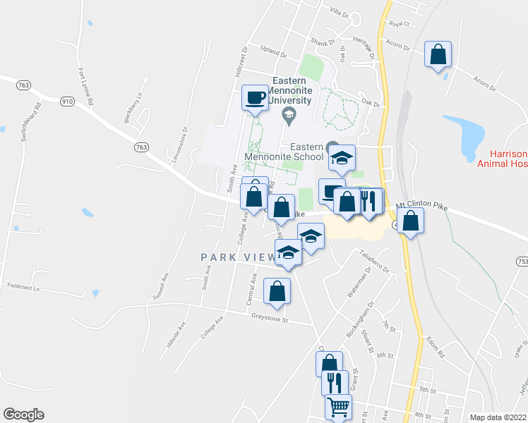 map of restaurants, bars, coffee shops, grocery stores, and more near 1101 Mount Clinton Pike in Harrisonburg