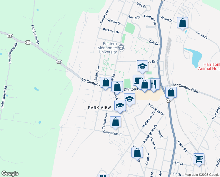 map of restaurants, bars, coffee shops, grocery stores, and more near 1103 Mount Clinton Pike in Harrisonburg