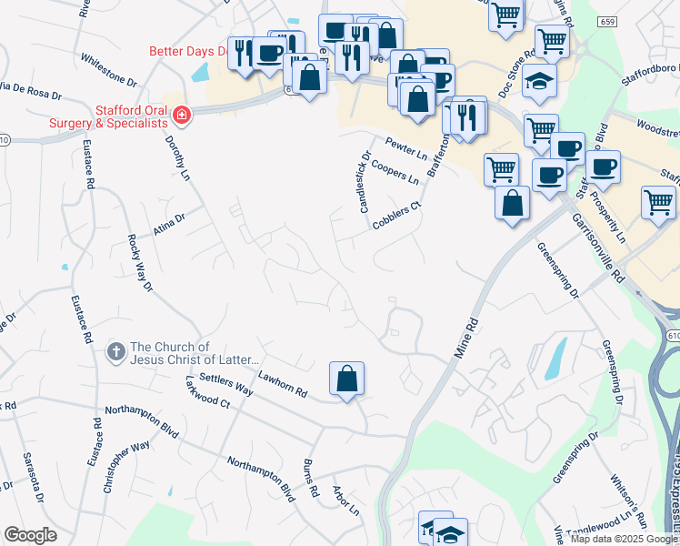 map of restaurants, bars, coffee shops, grocery stores, and more near 11 Ontell Court in Stafford
