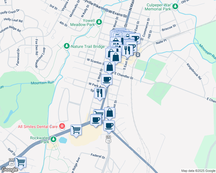 map of restaurants, bars, coffee shops, grocery stores, and more near 807 South Main Street in Culpeper