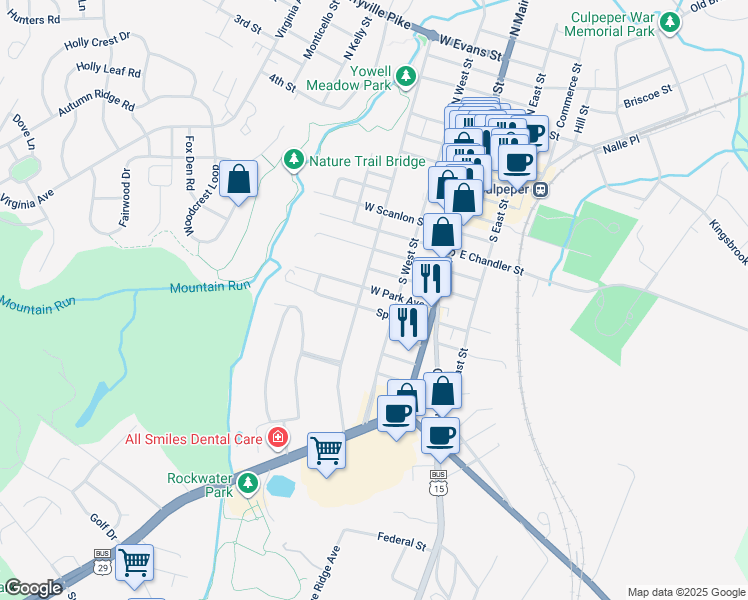 map of restaurants, bars, coffee shops, grocery stores, and more near 215 West Park Avenue in Culpeper