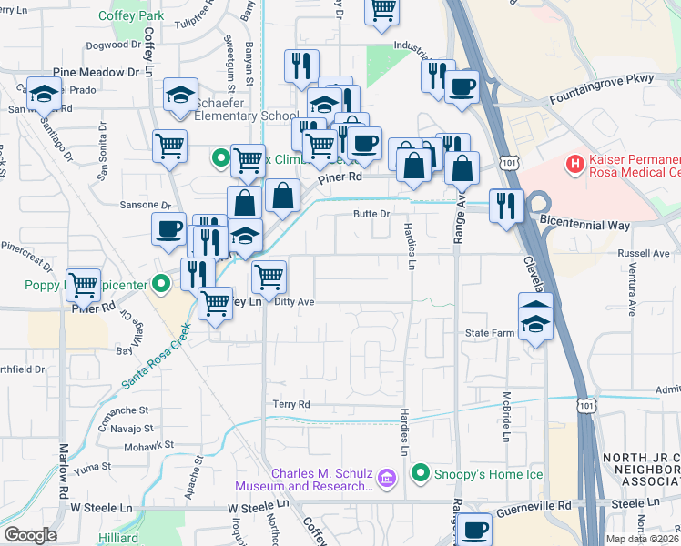 map of restaurants, bars, coffee shops, grocery stores, and more near 1511 Plumeria Drive in Santa Rosa