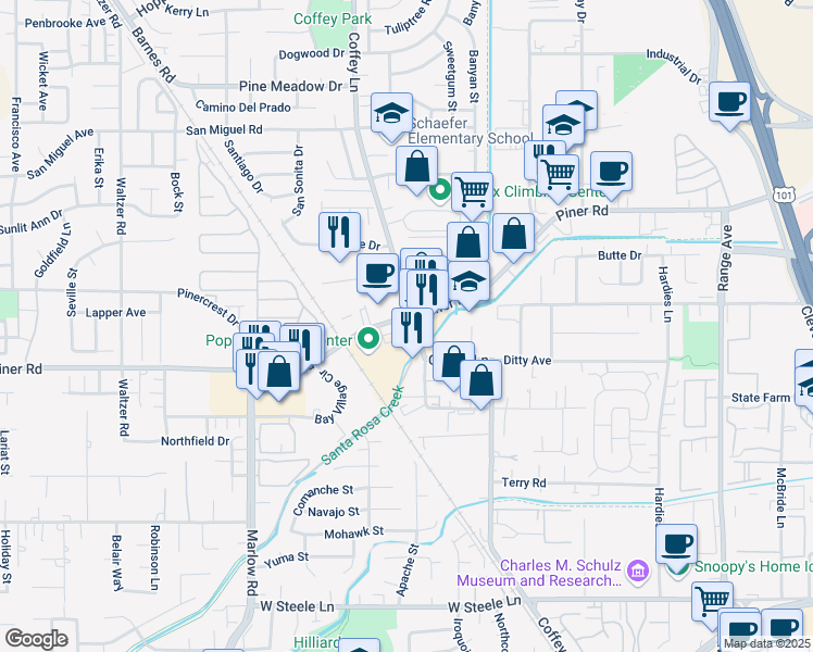 map of restaurants, bars, coffee shops, grocery stores, and more near 1801 Piner Road in Santa Rosa