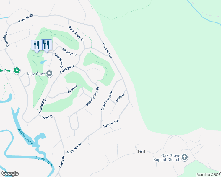 map of restaurants, bars, coffee shops, grocery stores, and more near 2038 Coast Guard Drive in Stafford