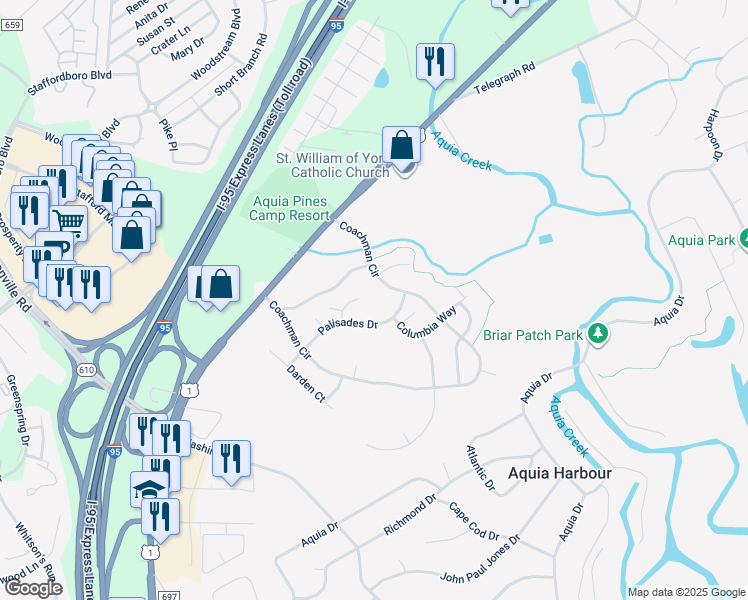 map of restaurants, bars, coffee shops, grocery stores, and more near 16 Barley Mill Court in Stafford