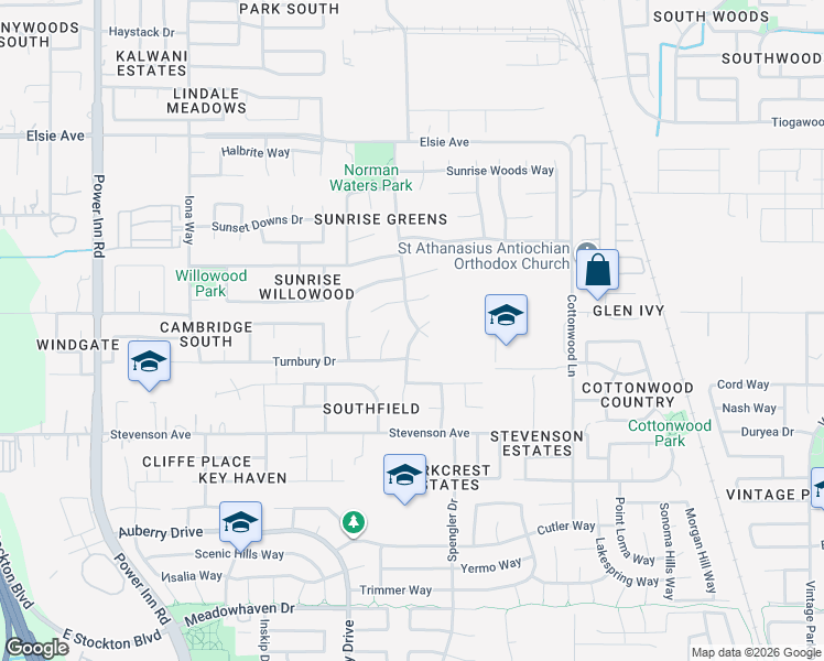 map of restaurants, bars, coffee shops, grocery stores, and more near 7923 Sunrise Greens Drive in Sacramento