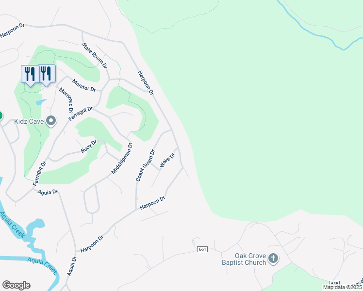 map of restaurants, bars, coffee shops, grocery stores, and more near 2320 Harpoon Drive in Stafford