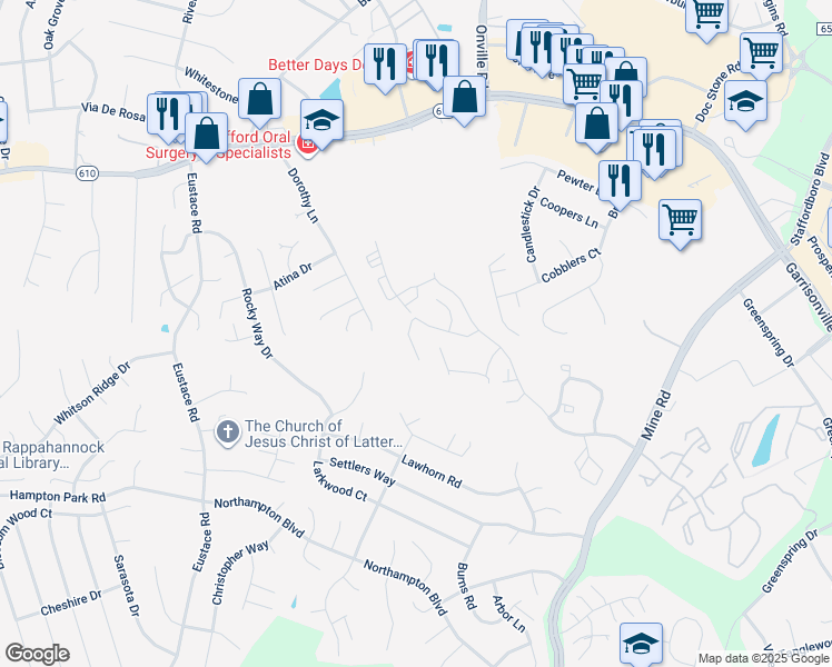 map of restaurants, bars, coffee shops, grocery stores, and more near 109 Merrill Court in Stafford