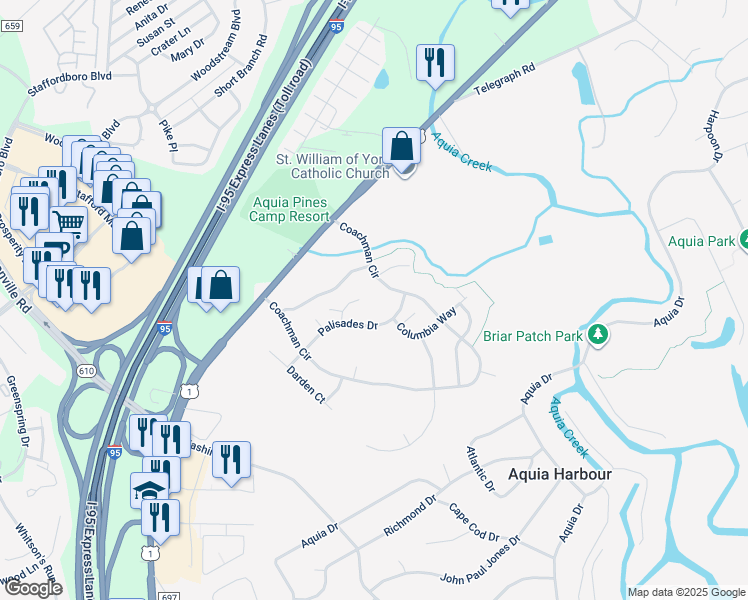 map of restaurants, bars, coffee shops, grocery stores, and more near 16 Barley Mill Court in Stafford