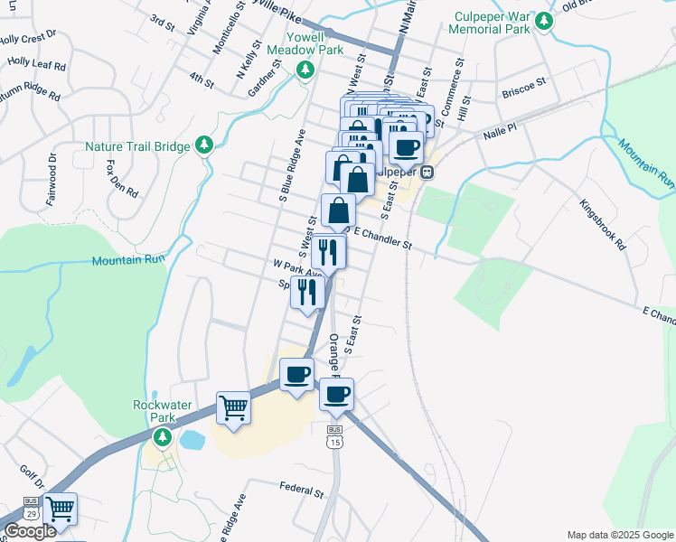 map of restaurants, bars, coffee shops, grocery stores, and more near 807 South Main Street in Culpeper
