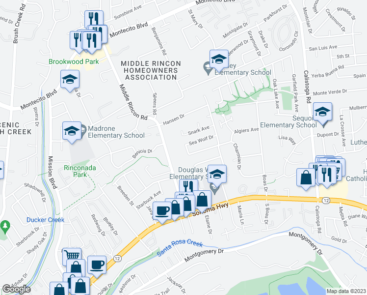 map of restaurants, bars, coffee shops, grocery stores, and more near 4906 Charmian Drive in Santa Rosa