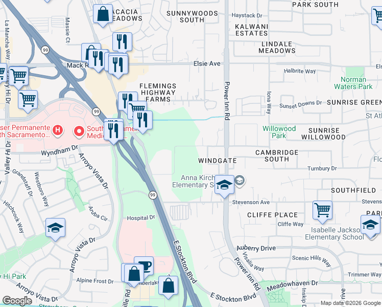 map of restaurants, bars, coffee shops, grocery stores, and more near 7721 Lenhart Road in Sacramento