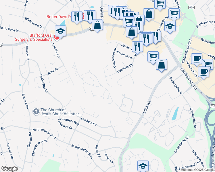 map of restaurants, bars, coffee shops, grocery stores, and more near 11 Ontell Court in Stafford