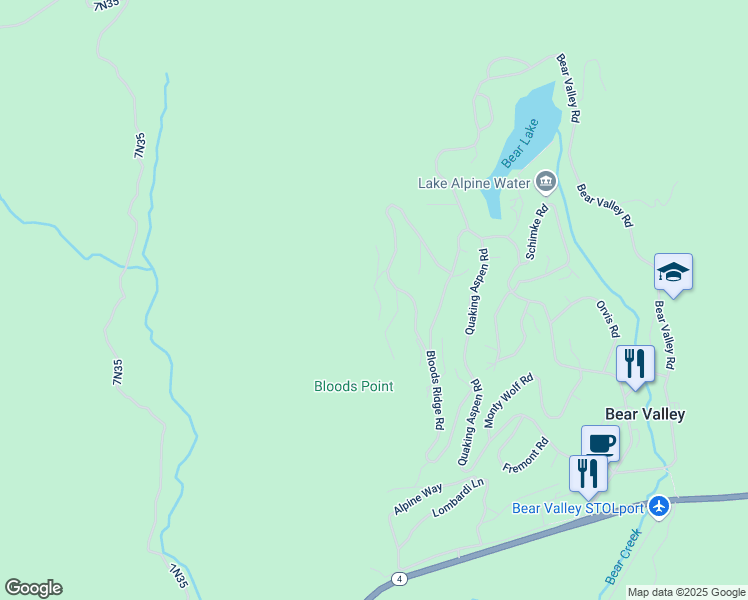 map of restaurants, bars, coffee shops, grocery stores, and more near 21 Avalanche Road in Bear Valley