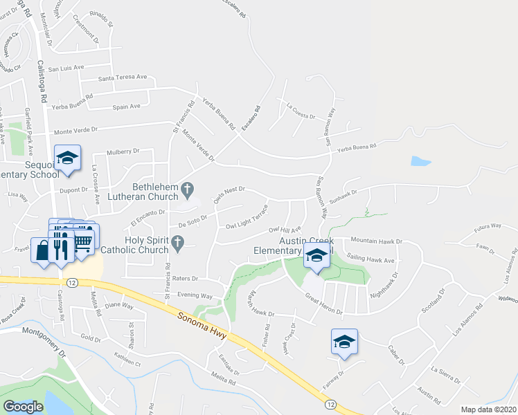 map of restaurants, bars, coffee shops, grocery stores, and more near 5786 Owls Nest Drive in Santa Rosa