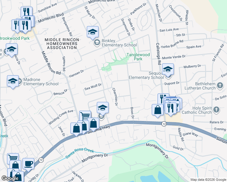 map of restaurants, bars, coffee shops, grocery stores, and more near 5019 Algiers Avenue in Santa Rosa