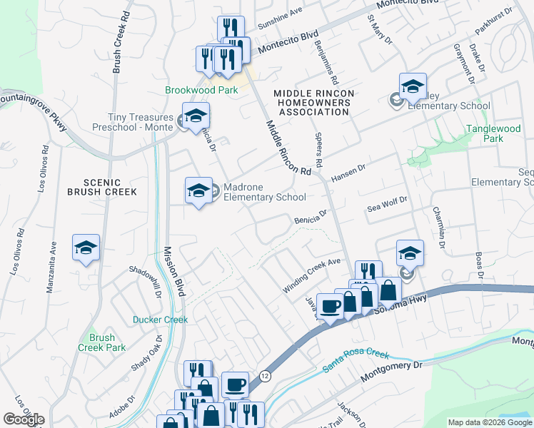 map of restaurants, bars, coffee shops, grocery stores, and more near 4710 Granada Drive in Santa Rosa