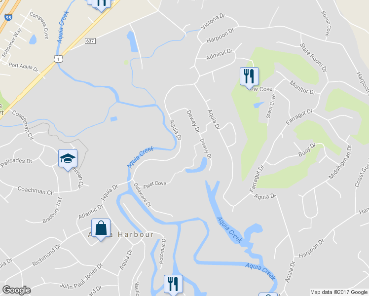 map of restaurants, bars, coffee shops, grocery stores, and more near 2031 Aquia Drive in Stafford
