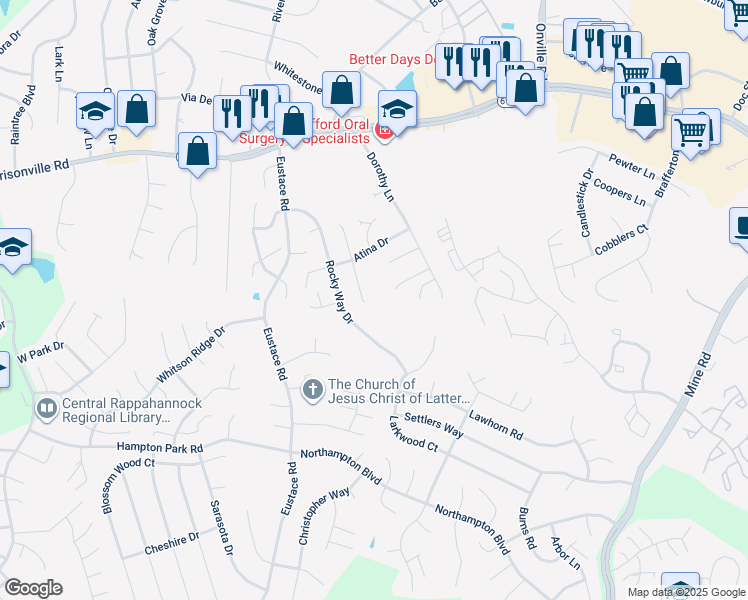 map of restaurants, bars, coffee shops, grocery stores, and more near 11 Jason Court in Stafford